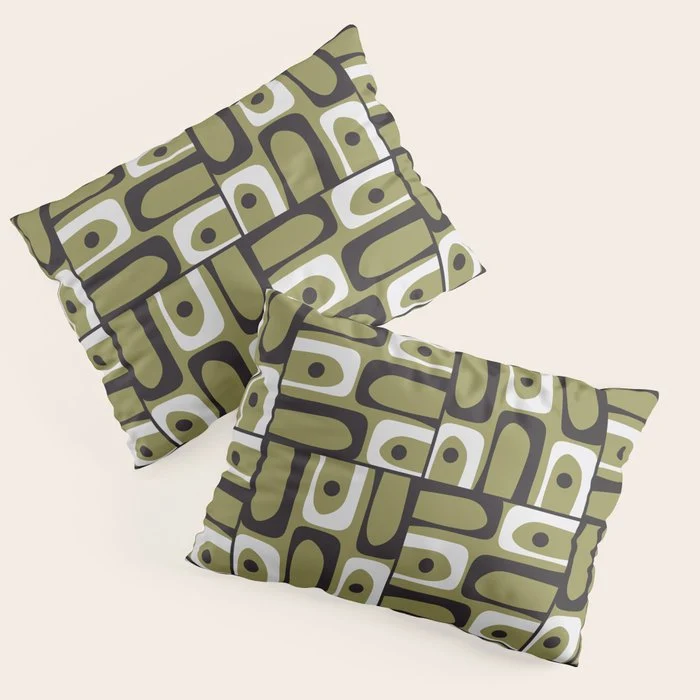 Mid Century Modern Abstract Geometric Piquet Multi Pattern in Retro Olive Black White Pillow Sham