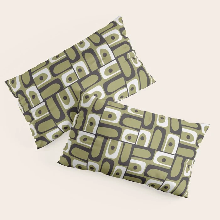 Mid Century Modern Abstract Geometric Piquet Multi Pattern in Retro Olive Black White Pillow Sham