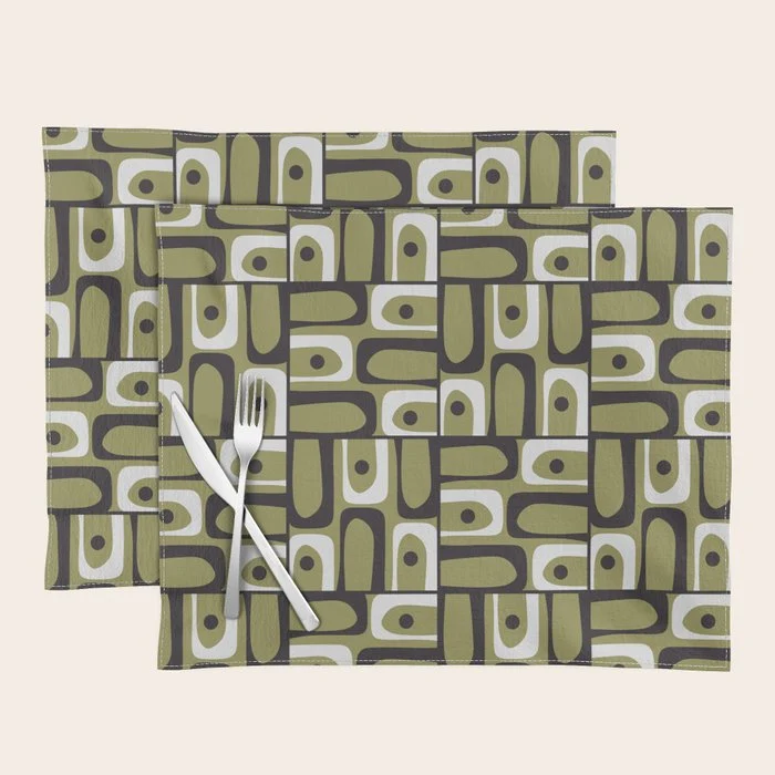 Mid Century Modern Abstract Geometric Piquet Multi Pattern in Retro Olive Black White Placemat