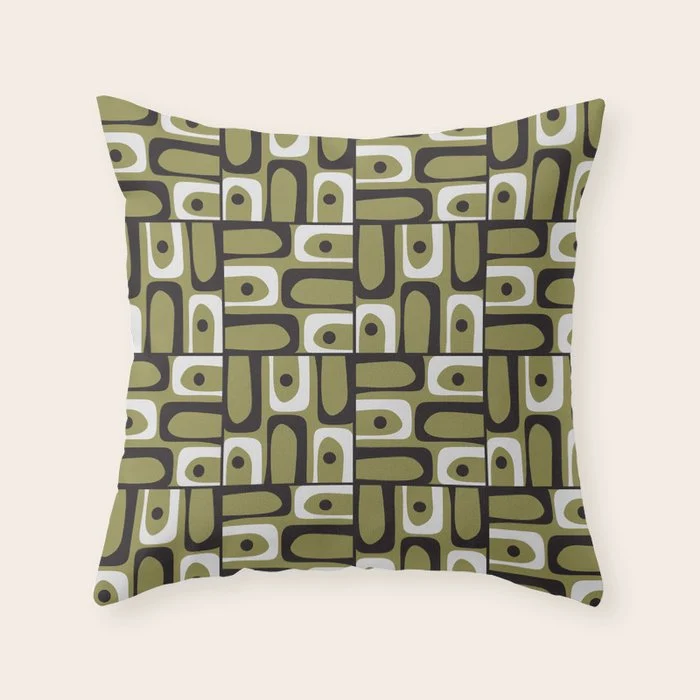 Mid Century Modern Abstract Geometric Piquet Multi Pattern in Retro Olive Black White Throw Pillow
