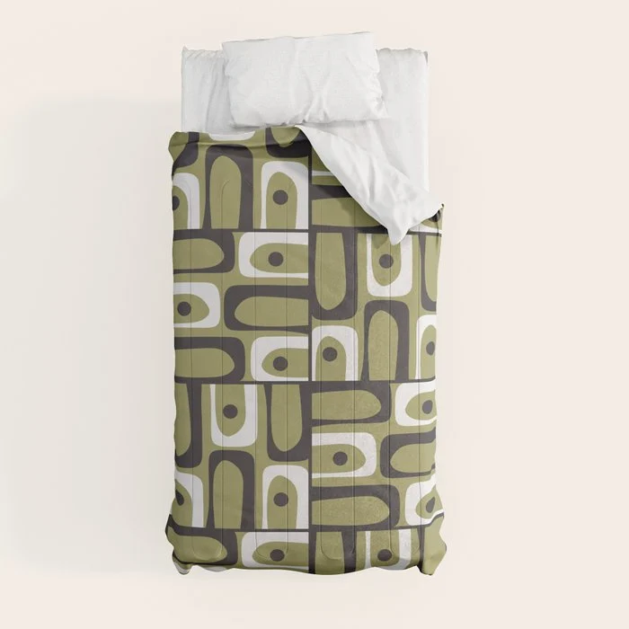 Mid Century Modern Abstract Geometric Piquet Multi Pattern in Retro Olive Black White Comforter