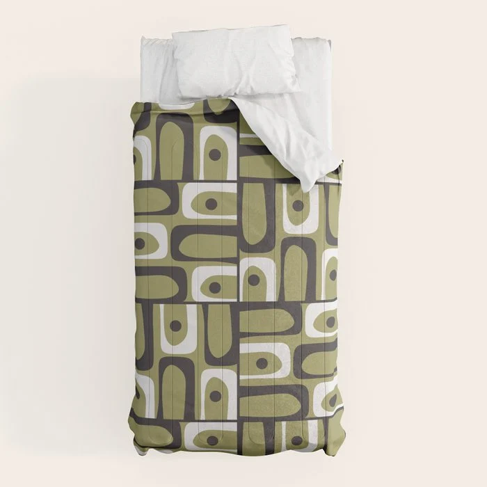 Mid Century Modern Abstract Geometric Piquet Multi Pattern in Retro Olive Black White Comforter