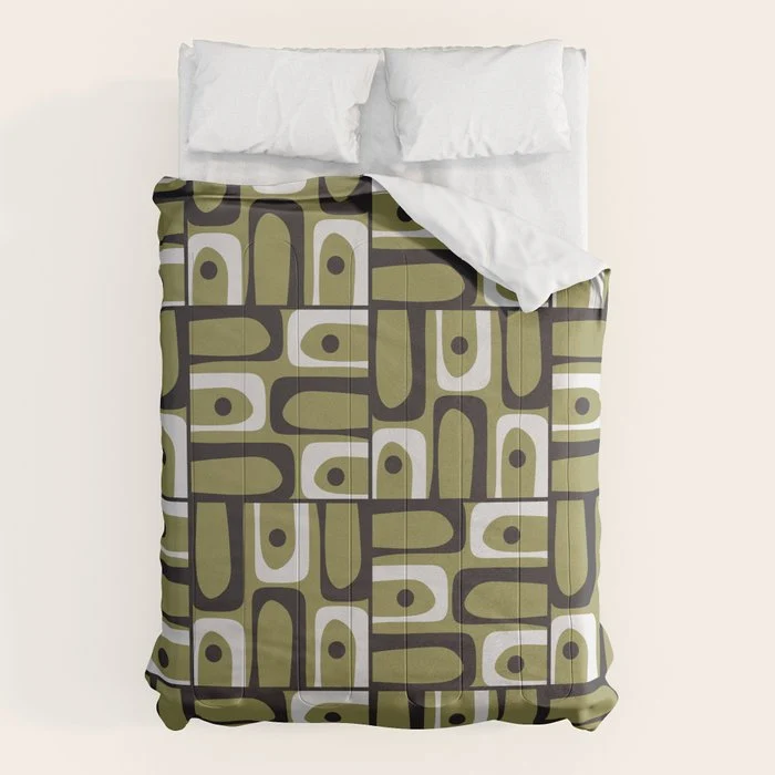 Mid Century Modern Abstract Geometric Piquet Multi Pattern in Retro Olive Black White Comforter