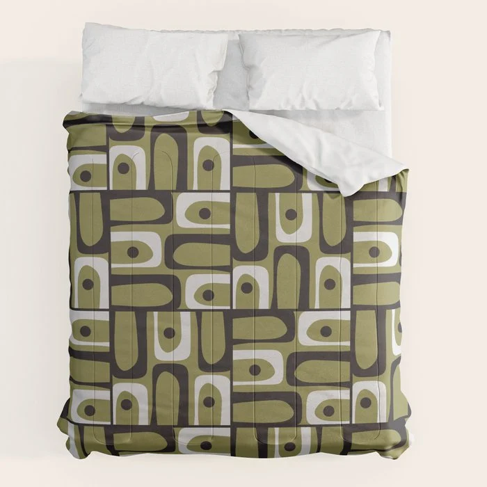 Mid Century Modern Abstract Geometric Piquet Multi Pattern in Retro Olive Black White Comforter