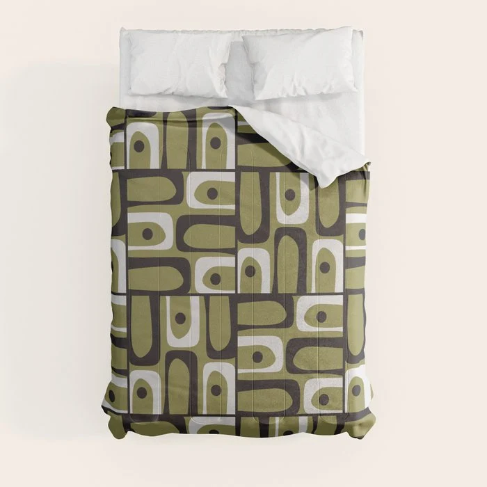 Mid Century Modern Abstract Geometric Piquet Multi Pattern in Retro Olive Black White Comforter