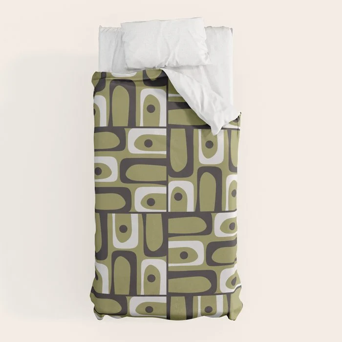Mid Century Modern Abstract Geometric Piquet Multi Pattern in Retro Olive Black White Duvet Cover
