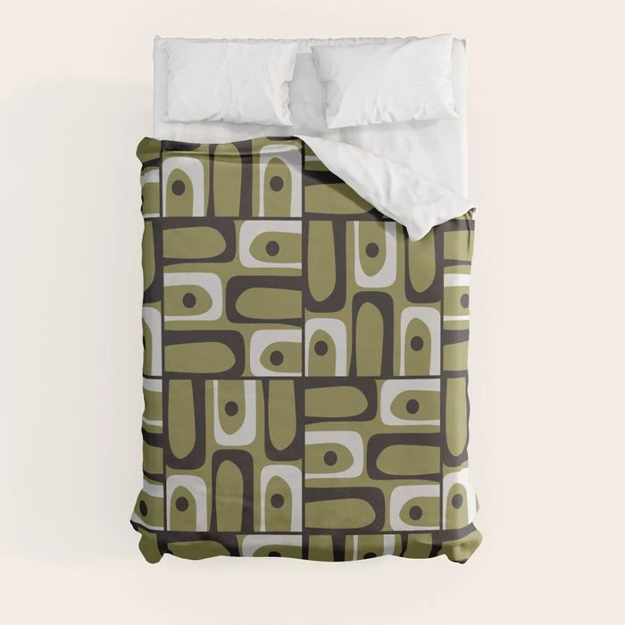 Mid Century Modern Abstract Geometric Piquet Multi Pattern in Retro Olive Black White Duvet Cover