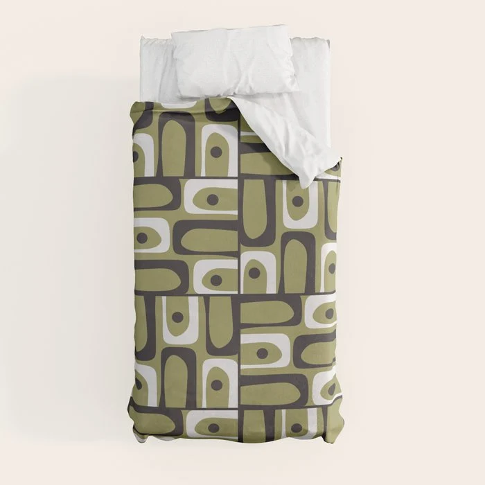 Mid Century Modern Abstract Geometric Piquet Multi Pattern in Retro Olive Black White Duvet Cover