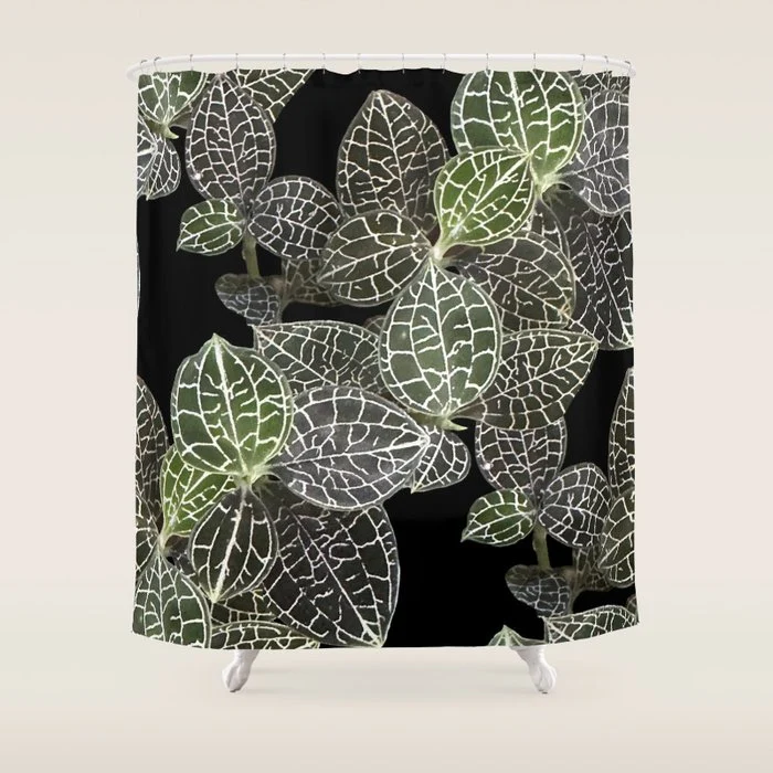 Elegant leaf skeleton foliage on black Shower Curtain