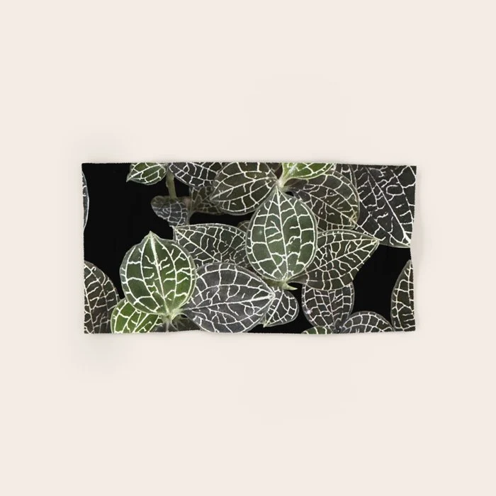 Elegant leaf skeleton foliage on black Bath Towel