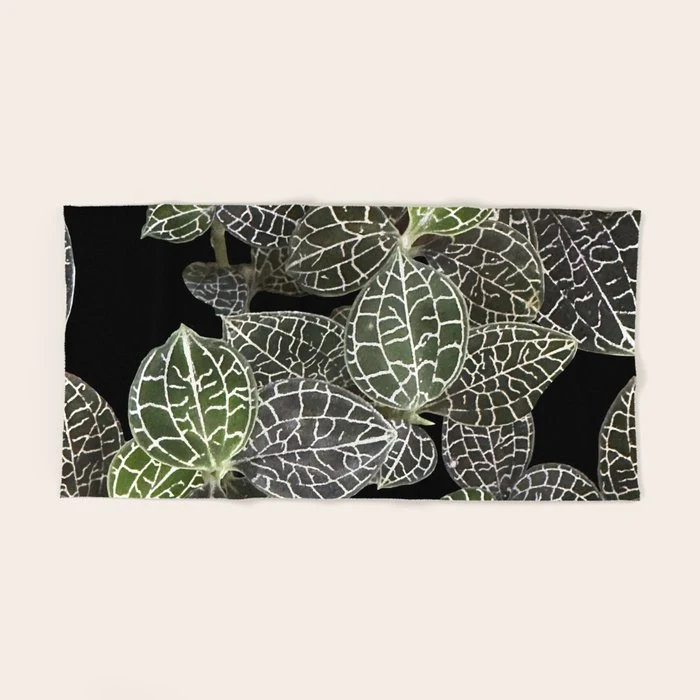 Elegant leaf skeleton foliage on black Bath Towel