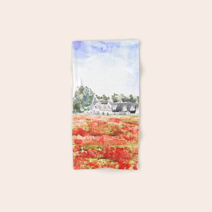 orange poppy field watercolour Bath Towel