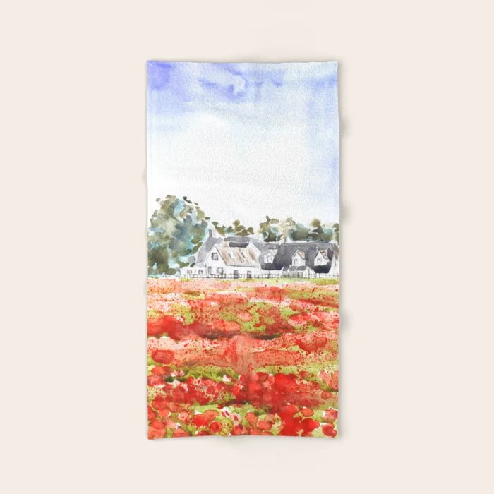 orange poppy field watercolour Bath Towel