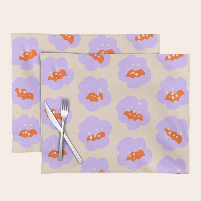 Bold Floral Toss Lavender Purple, Tangerine Orange, Cream Ivory, Playful Home Decor Placemat