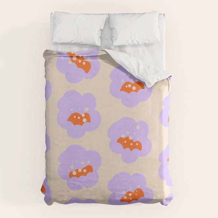Bold Floral Toss Lavender Purple, Tangerine Orange, Cream Ivory, Playful Home Decor Duvet Cover