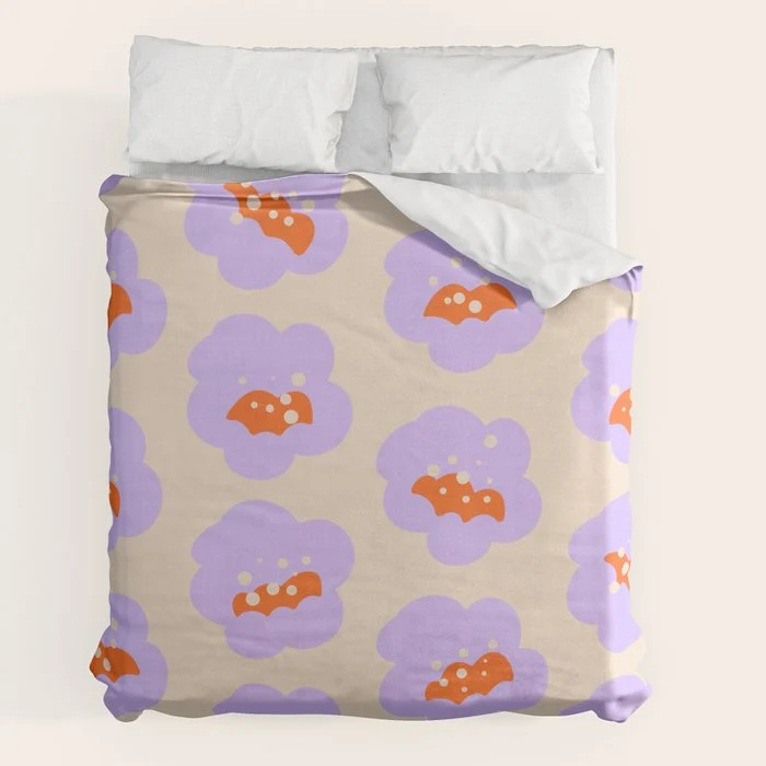 Bold Floral Toss Lavender Purple, Tangerine Orange, Cream Ivory, Playful Home Decor Duvet Cover
