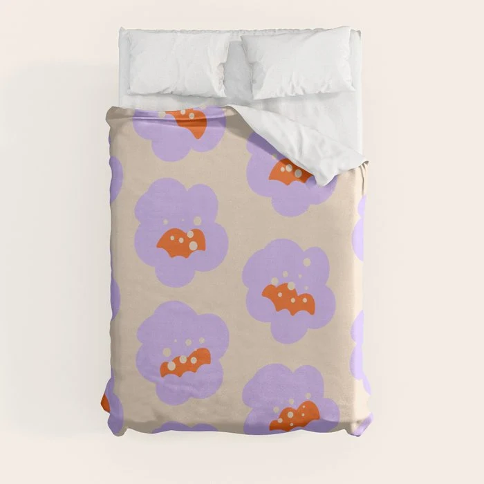 Bold Floral Toss Lavender Purple, Tangerine Orange, Cream Ivory, Playful Home Decor Duvet Cover