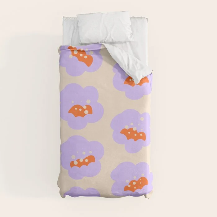 Bold Floral Toss Lavender Purple, Tangerine Orange, Cream Ivory, Playful Home Decor Duvet Cover
