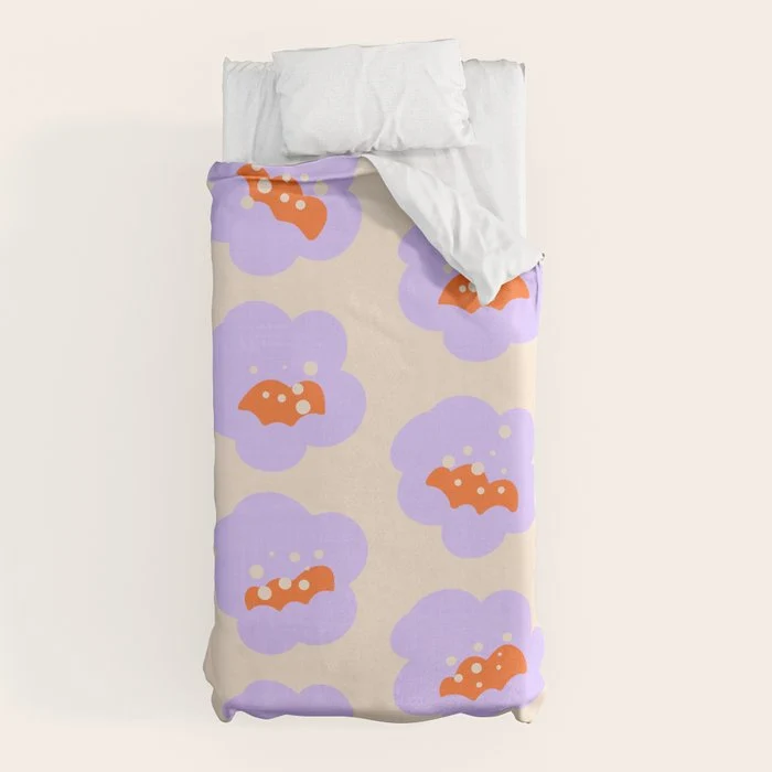 Bold Floral Toss Lavender Purple, Tangerine Orange, Cream Ivory, Playful Home Decor Duvet Cover
