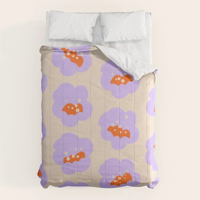 Bold Floral Toss Lavender Purple, Tangerine Orange, Cream Ivory, Playful Home Decor Comforter