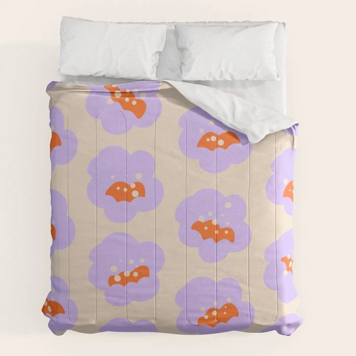 Bold Floral Toss Lavender Purple, Tangerine Orange, Cream Ivory, Playful Home Decor Comforter