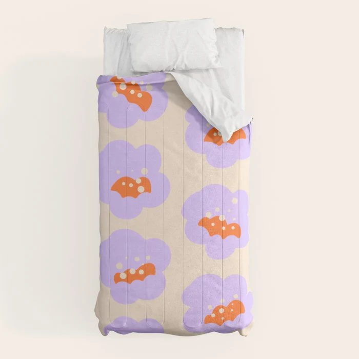 Bold Floral Toss Lavender Purple, Tangerine Orange, Cream Ivory, Playful Home Decor Comforter