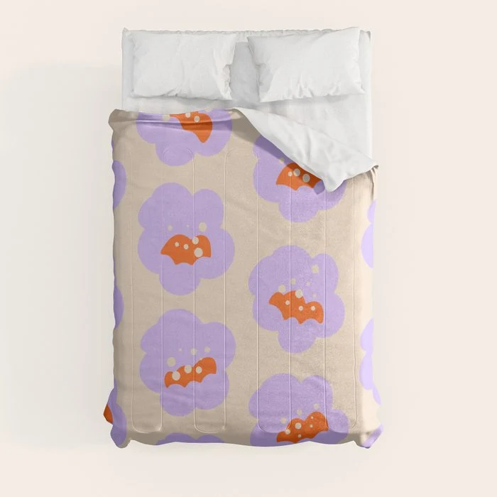 Bold Floral Toss Lavender Purple, Tangerine Orange, Cream Ivory, Playful Home Decor Comforter