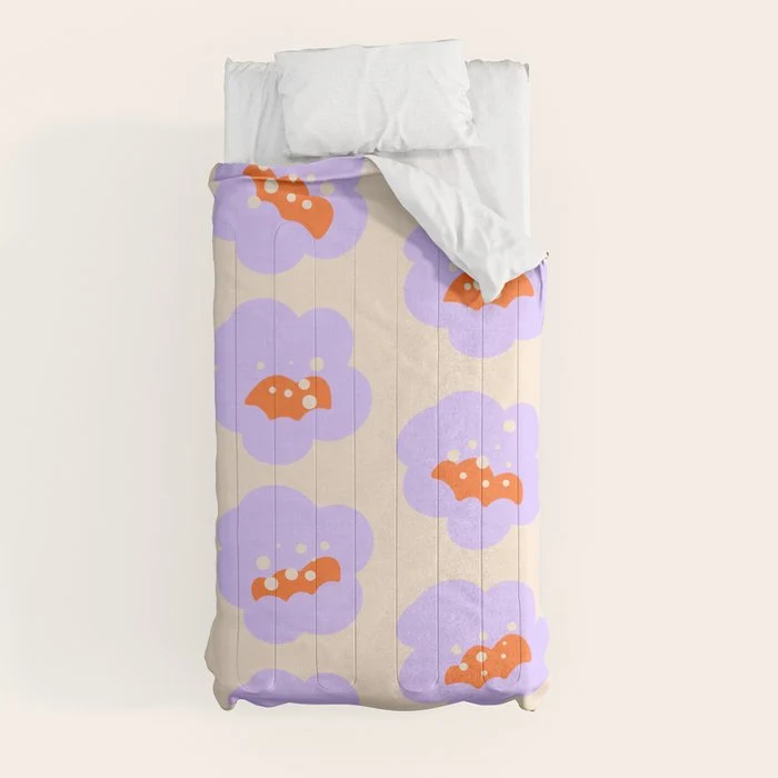 Bold Floral Toss Lavender Purple, Tangerine Orange, Cream Ivory, Playful Home Decor Comforter