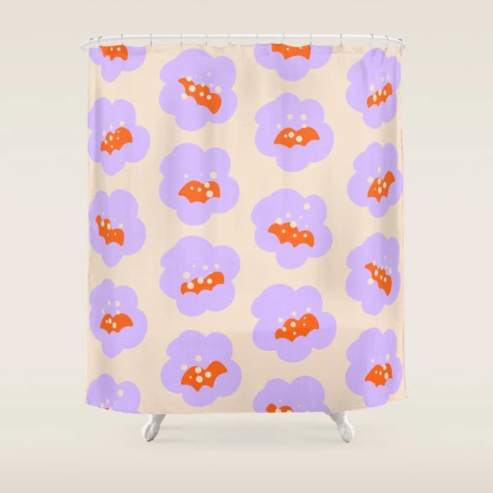 Bold Floral Toss Lavender Purple, Tangerine Orange, Cream Ivory, Playful Home Decor Shower Curtain