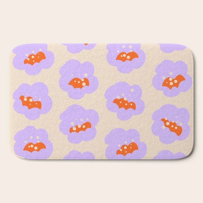 Bold Floral Toss Lavender Purple, Tangerine Orange, Cream Ivory, Playful Home Decor Bath Mat