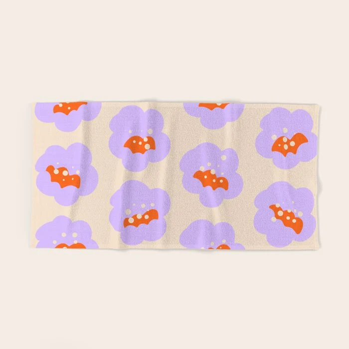 Bold Floral Toss Lavender Purple, Tangerine Orange, Cream Ivory, Playful Home Decor Bath Towel