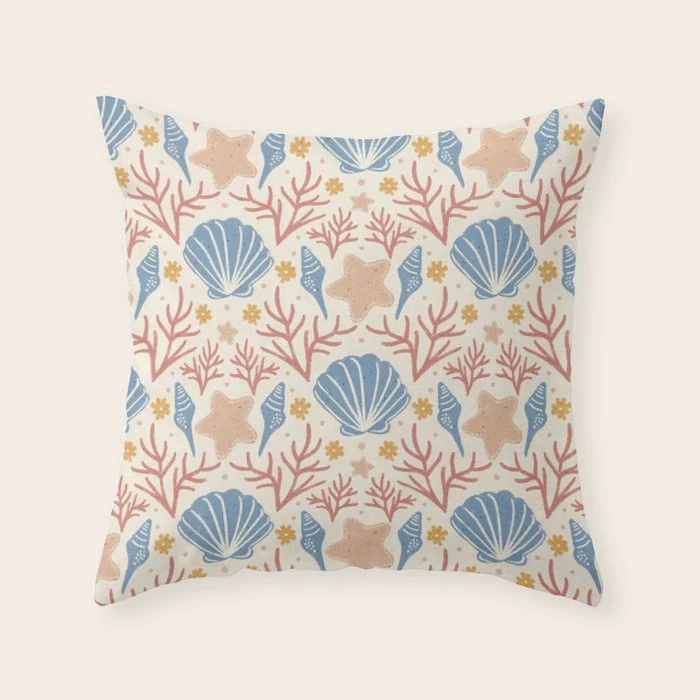 Seashells and Starfish Throw Pillow