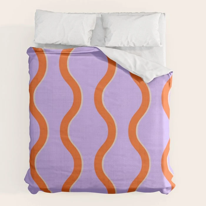 Wavy Lines Tangerine Orange, Lavender Purple, Bold Retro Modern Home Decor Duvet Cover
