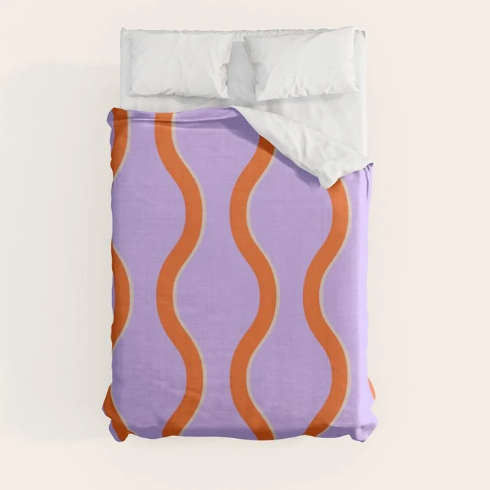 Wavy Lines Tangerine Orange, Lavender Purple, Bold Retro Modern Home Decor Duvet Cover