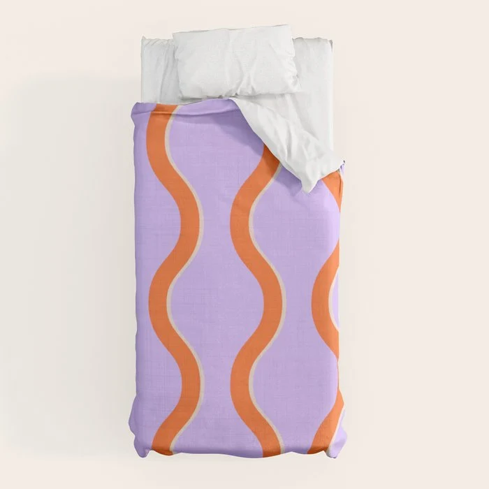 Wavy Lines Tangerine Orange, Lavender Purple, Bold Retro Modern Home Decor Duvet Cover