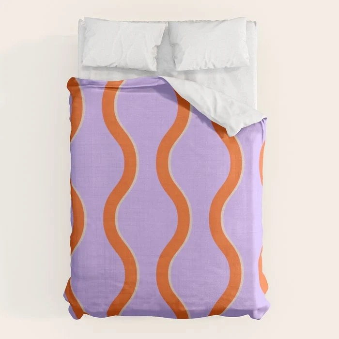 Wavy Lines Tangerine Orange, Lavender Purple, Bold Retro Modern Home Decor Duvet Cover