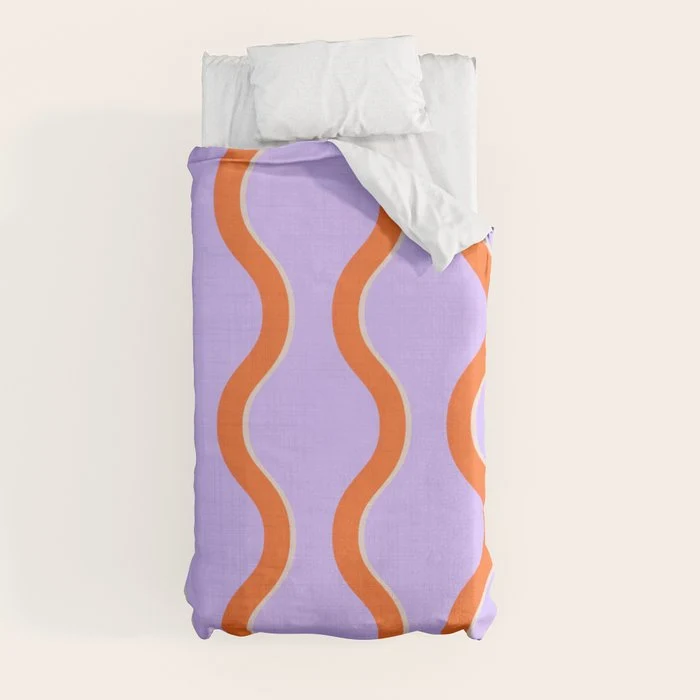 Wavy Lines Tangerine Orange, Lavender Purple, Bold Retro Modern Home Decor Duvet Cover