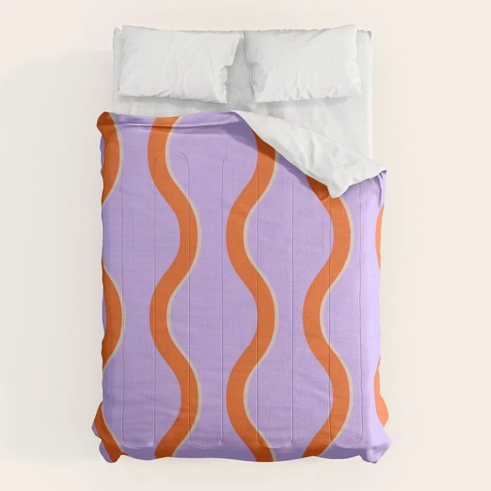 Wavy Lines Tangerine Orange, Lavender Purple, Bold Retro Modern Home Decor Comforter