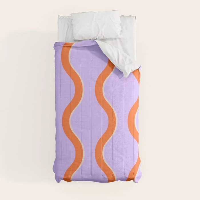 Wavy Lines Tangerine Orange, Lavender Purple, Bold Retro Modern Home Decor Comforter