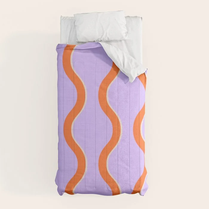 Wavy Lines Tangerine Orange, Lavender Purple, Bold Retro Modern Home Decor Comforter