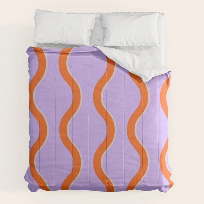 Wavy Lines Tangerine Orange, Lavender Purple, Bold Retro Modern Home Decor Comforter