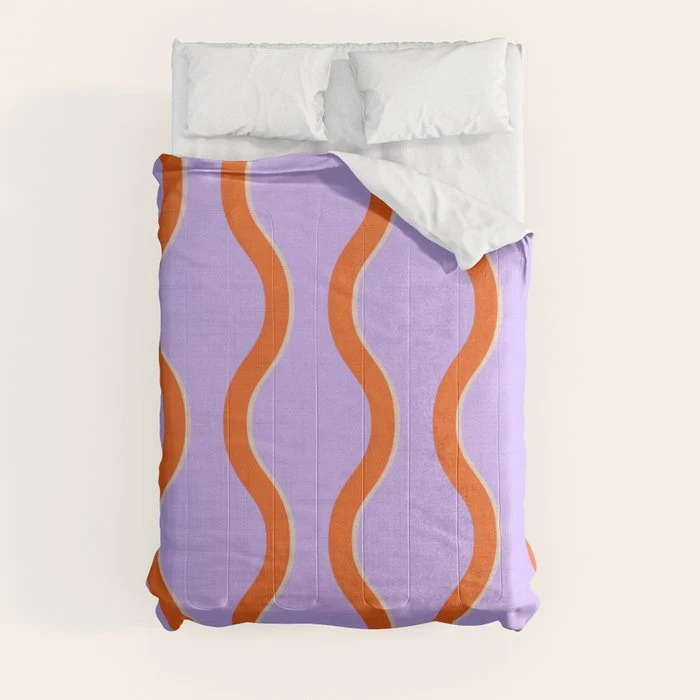 Wavy Lines Tangerine Orange, Lavender Purple, Bold Retro Modern Home Decor Comforter
