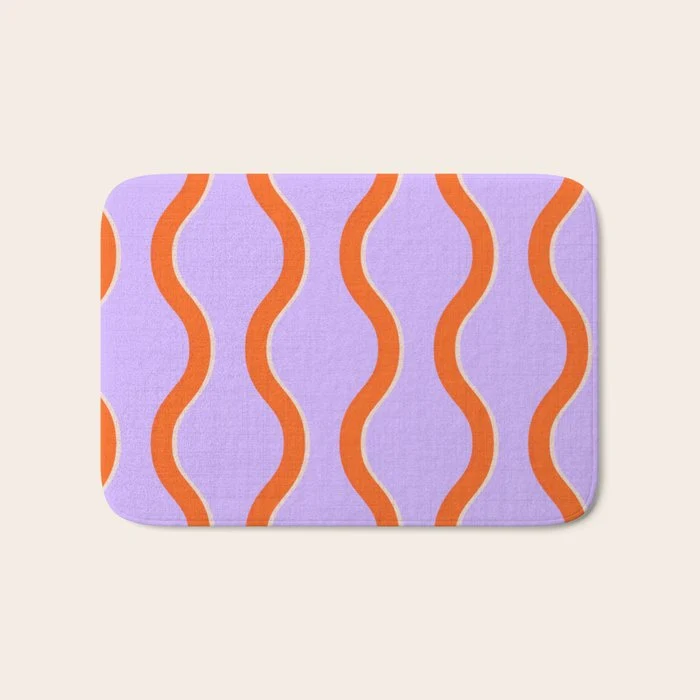 Wavy Lines Tangerine Orange, Lavender Purple, Bold Retro Modern Home Decor Bath Mat