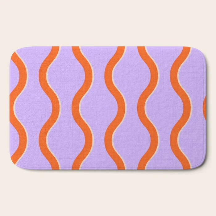 Wavy Lines Tangerine Orange, Lavender Purple, Bold Retro Modern Home Decor Bath Mat