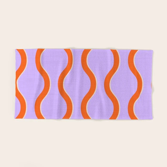 Wavy Lines Tangerine Orange, Lavender Purple, Bold Retro Modern Home Decor Bath Towel