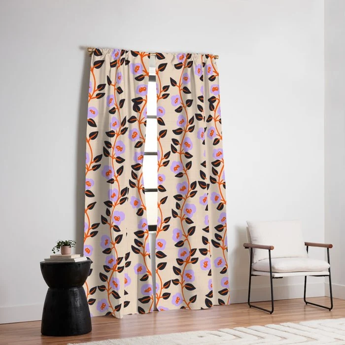 Floral Vine Toss Pink Lavender, Deep Purple, Cream Ivory, Elegant Home Decor Window Curtain