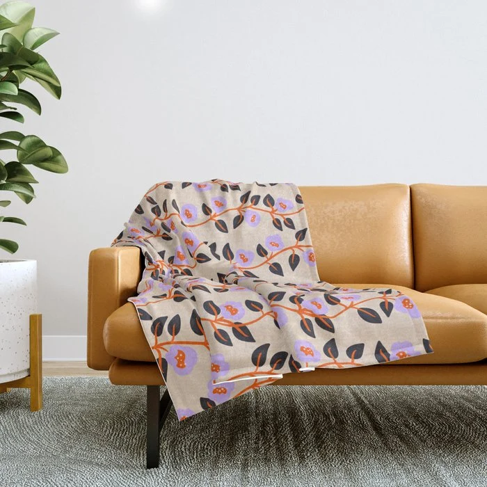 Floral Vine Toss Pink Lavender, Deep Purple, Cream Ivory, Elegant Home Decor Throw Blanket