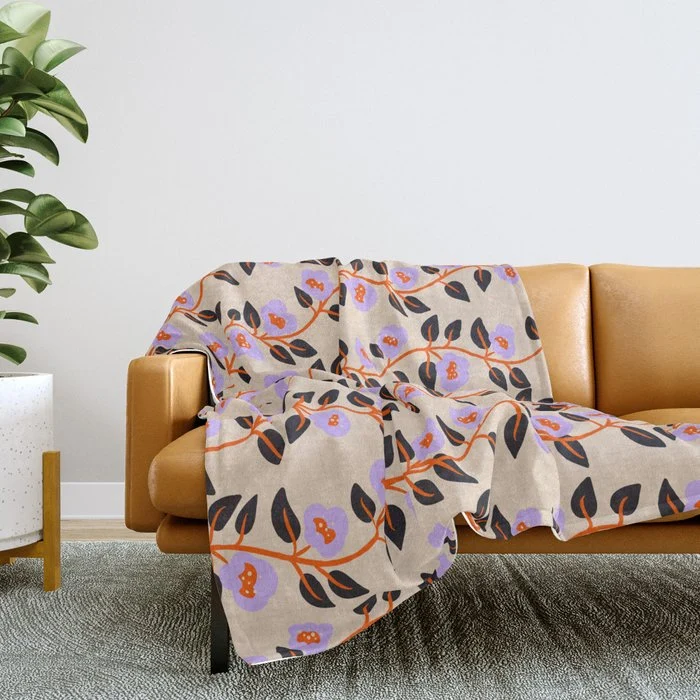 Floral Vine Toss Pink Lavender, Deep Purple, Cream Ivory, Elegant Home Decor Throw Blanket
