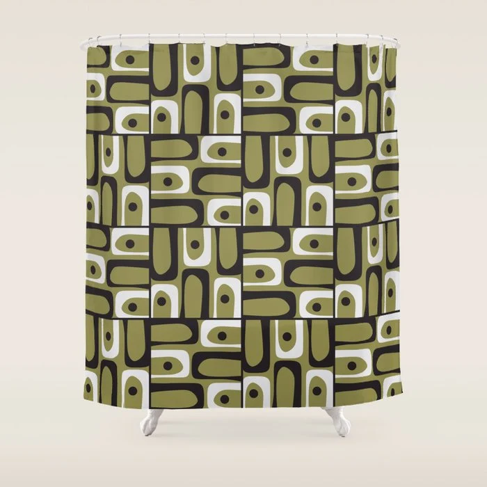 Mid Century Modern Abstract Geometric Piquet Multi Pattern in Retro Olive Black White Shower Curtain