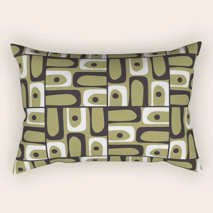 Mid Century Modern Abstract Geometric Piquet Multi Pattern in Retro Olive Black White Rectangular Pillow